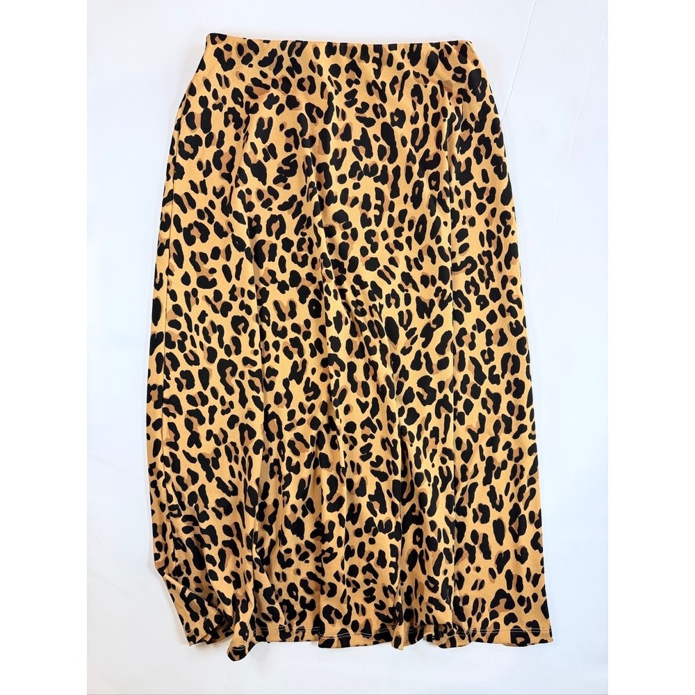 Nine West Midi Skirt Women Size S‎ Tan Leopard Print Elastic Waist Stretch - Picture 6 of 9